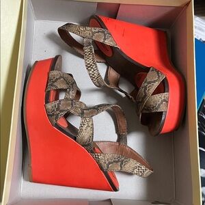 Lucky Brand Orange and Brown Snake Print Wedge Sandals, size 6